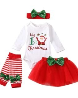 4Pcs Newborn Baby Girl Clothes My 1st Christmas Bodysuit+Dot Tutu Skirt+Leg Warmers+Sequins Bow Headband Outfits Set