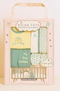 Polka Tots Premium Cotton 10-Piece New-born Baby Clothes Gift Set | Unisex | Gift-Ready