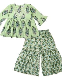 superminis Girls Cotton Floral Printed Gotta Work Full Sleeves Kurti and Matching Sharara Ethnic Wear Set