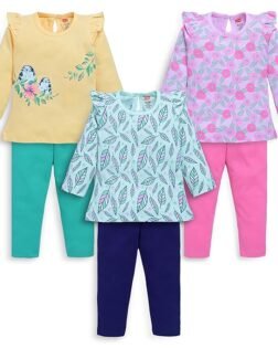 LuvLap Baby Girls 100% Cotton Full Sleeve Top & Pyjama Sets, Pack of 03