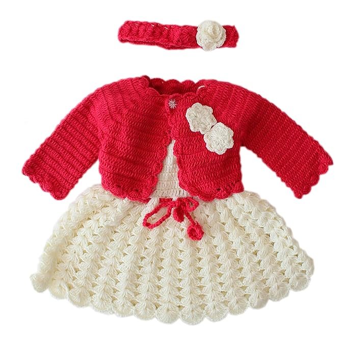 Handmade Baby Girls Woolen Dress Set with Shrug and Headband, Red and Off-White, Casual Style, 100% Acrylic Wool, Age Range: Baby