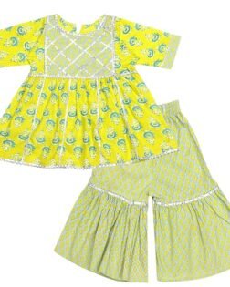 superminis Baby Girl's Cotton Sanganeri/Floral Printed Frock Style Kurti With Printed Sharara Dress Clothing Set