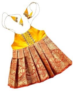 Picksparrow Newborn Baby Girl Ethnic Dress/Traditional Cotton Silk Frock (Big Border- Banarasi)