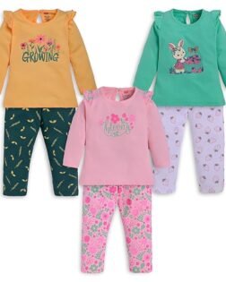 LuvLap Baby Girls 100% Cotton Full Sleeve Girls Top & Pyjama CoSets Pack of 3