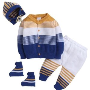 Little Angels Baby Sweater Set - 4 Pcs Woollen Full Sleeves V-Neck Color-Block Sweater, Pants, Cap & Socks for 0 to 12 Months