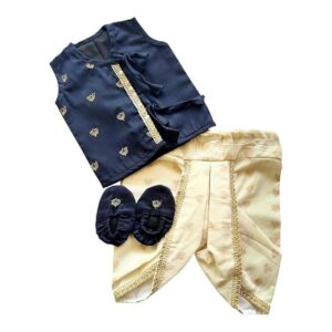 Picksparrow Baby Boy Cotton Silk Jhabla with Cotton Lurex Dhoti pant and Booties
