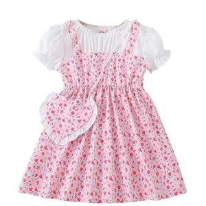 Niren Enterprise Girl's Crispillo Floral Printed Short Sleeve Cotton Knee-Length Baby Frock With Purse