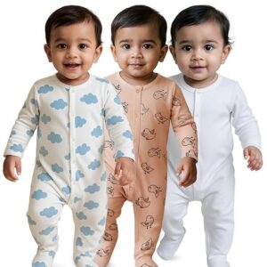 Nuego Pure Cotton Bodysuit for New Born Baby Boys, Full Sleeve Ultra-Soft Onesies for Newborn Baby Dress Cotton Cute Printed Multicolor Footed Rompers Sleepsuits New Born (0-24 Months)