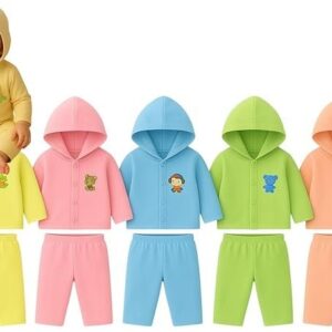 Newborn Unisex Cotton Dress Hoodie Cap with Pants| 0-3 Months Winter Outfit for Infant| Multicolour 5 Combo Pack Boy & Girl Baby Dress