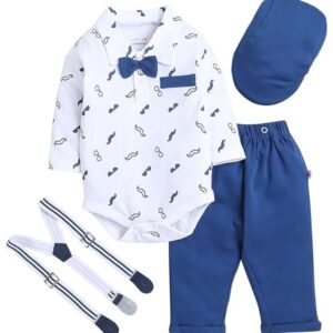 BUMZEE Boy's Cotton Printed Full Sleeves Bodysuit Pant Set With Suspender & Cap