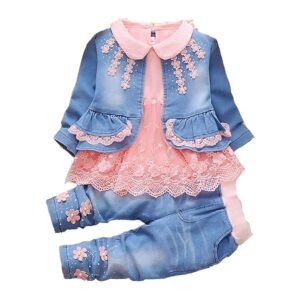Peacolate Spring Autumn Baby Girls Clothing Set 3pcs Long Sleeve T-Shirt Denim Jacket and Jeans