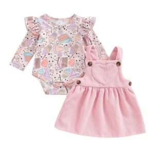 Newborn Baby Girl Clothes Ruffle Floral Long Sleeve Romper Top Heart Suspender Skirt Set Infant Girls Overall Dress