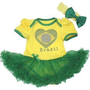 Petitebella Brazil Heart Yellow Bodysuit Green Tutu Baby Dress Nb-18m