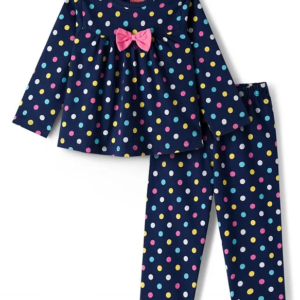 Babyhug Cotton Knit Full Sleeves Co-ord Night Suit With Polka Dot Print & Bow Applique - Navy Blue