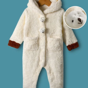 Mark & Mia Knit Full Sleeves Winter Wear Fur Hooded Romper With Pocket & Badge Detailing & Teddy Applique - Off White