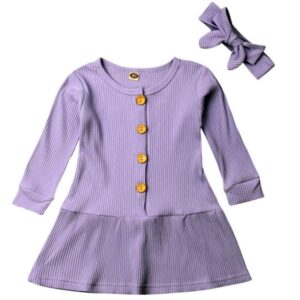 Toddler Kid Girls Knit Dress Long Sleeve Shirt Top Dresses with Headband 2 PCs Outfits