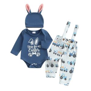 My First Easter Baby Boy Outfit Bunny Letter Print Long Sleeve Romper Suspender Pants Overalls Hat Clothes Set